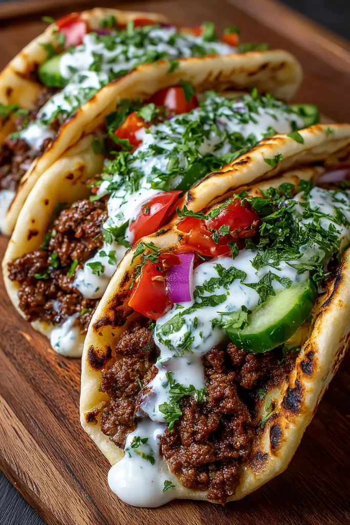 Juicy Mediterranean Beef Pita Wraps with Fresh Veggies and Garlic Sauce