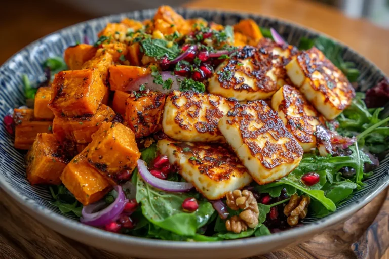Crispy halloumi and roasted sweet potato salad with pomegranate seeds and walnuts