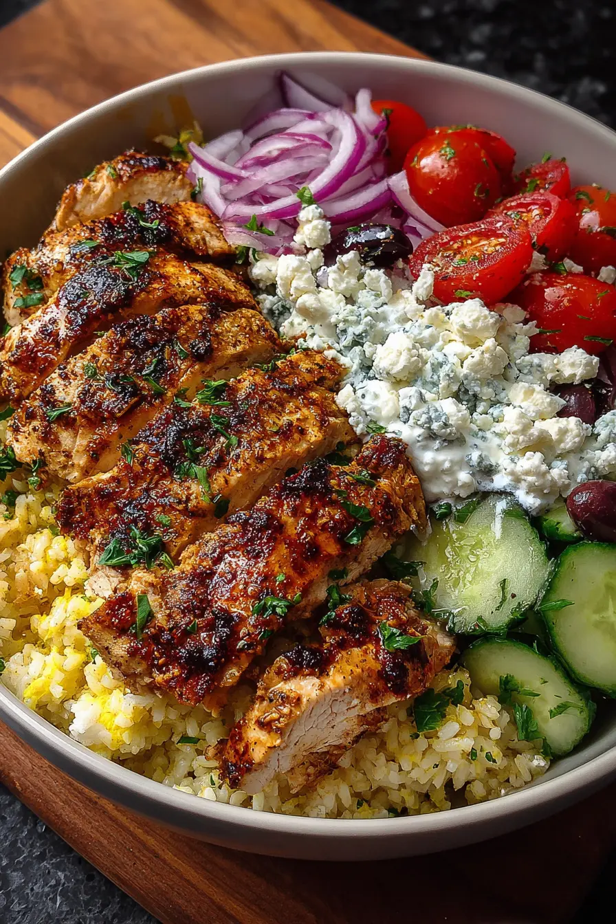 Greek Chicken Gyro Bowl with Spicy Lemon Garlic Feta