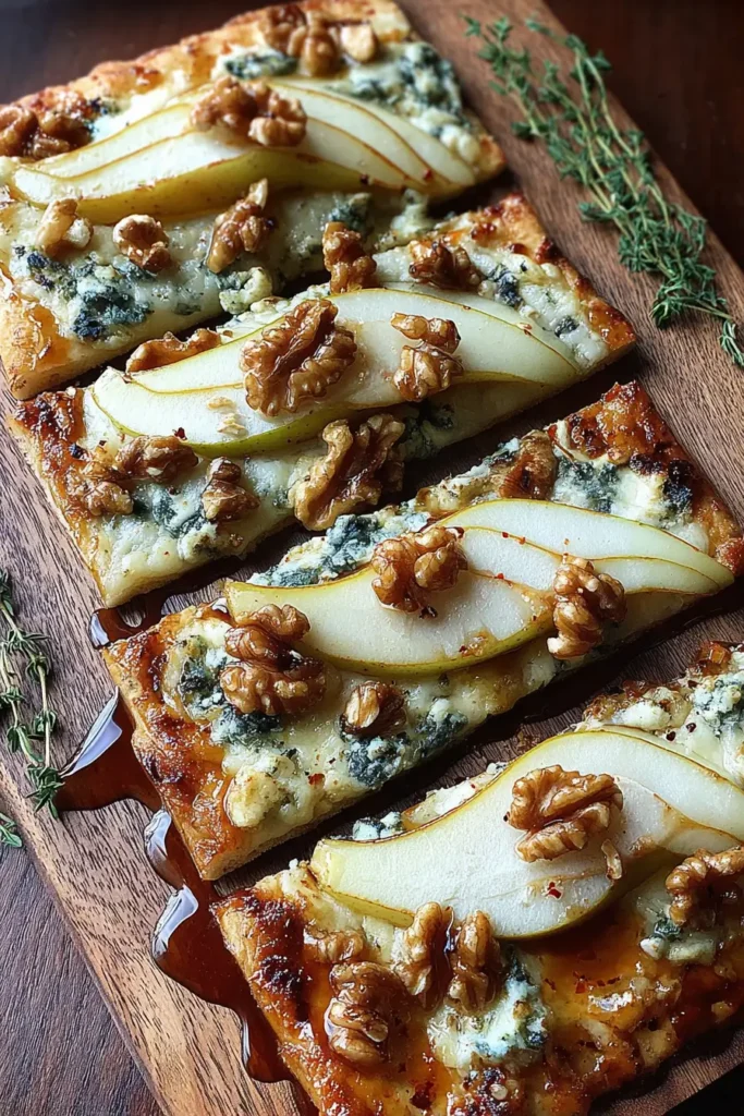 Crispy Flatbread with Brie, Pear Slices & Toasted Walnuts with Hot Honey