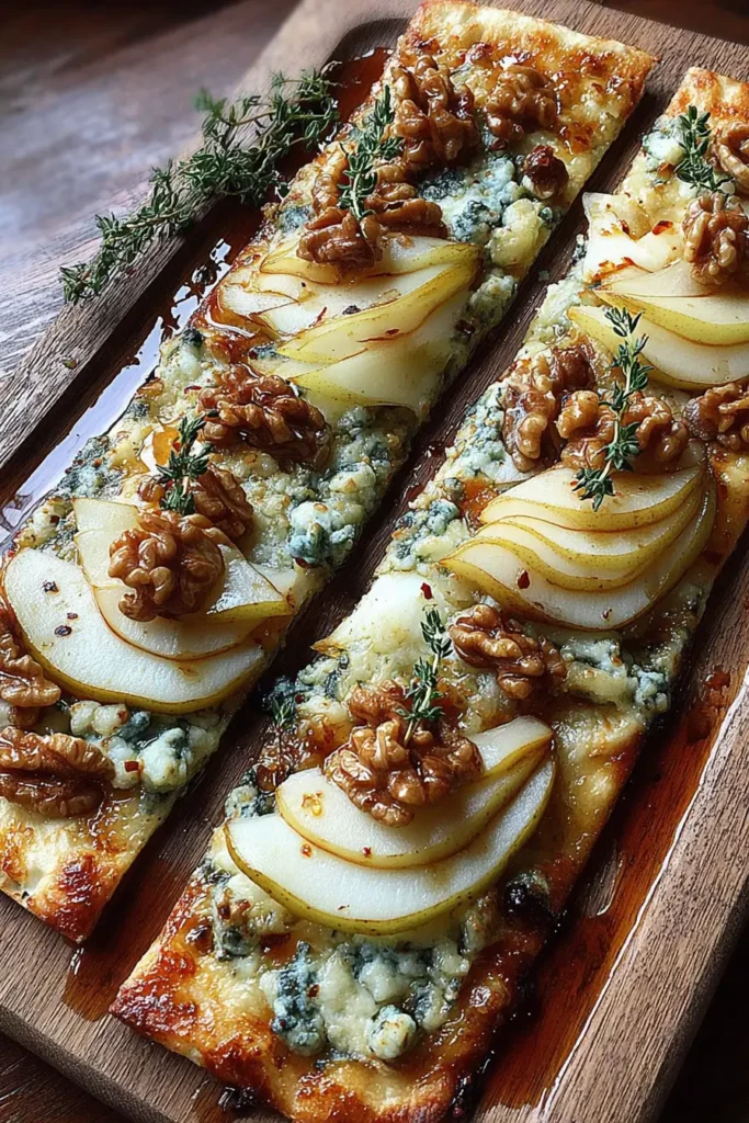 Crispy Flatbread with Brie, Pear Slices & Toasted Walnuts with Hot Honey
