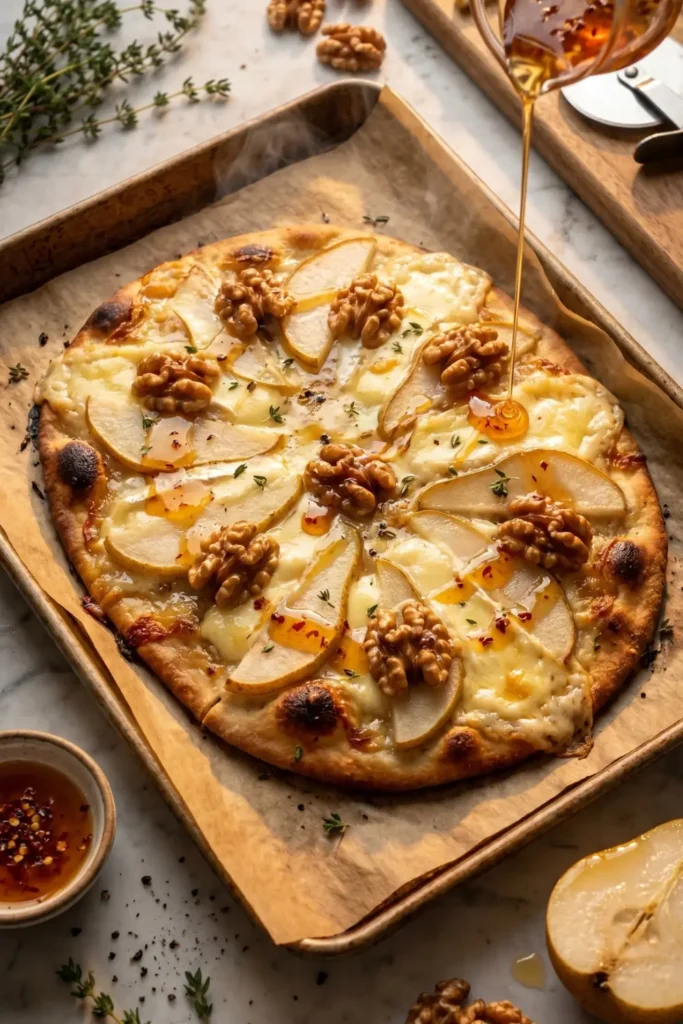 Crispy Flatbread with Brie, Pear Slices & Toasted Walnuts with Hot Honey