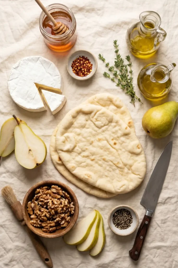 Crispy Flatbread with Brie, Pear Slices & Toasted Walnuts with Hot Honey