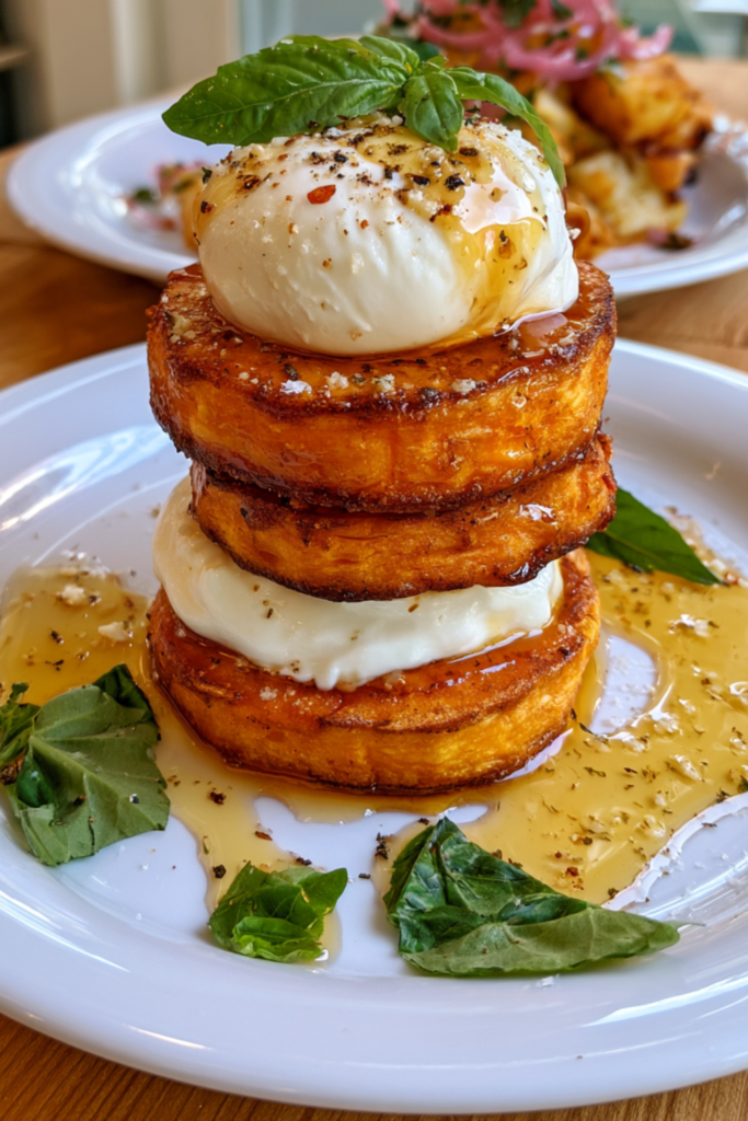 Crispy Parmesan Sweet Potato Stacks with Burrata & Hot Honey