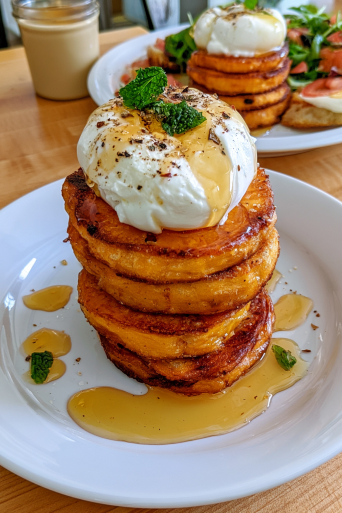 Crispy Parmesan Sweet Potato Stacks with Burrata & Hot Honey
