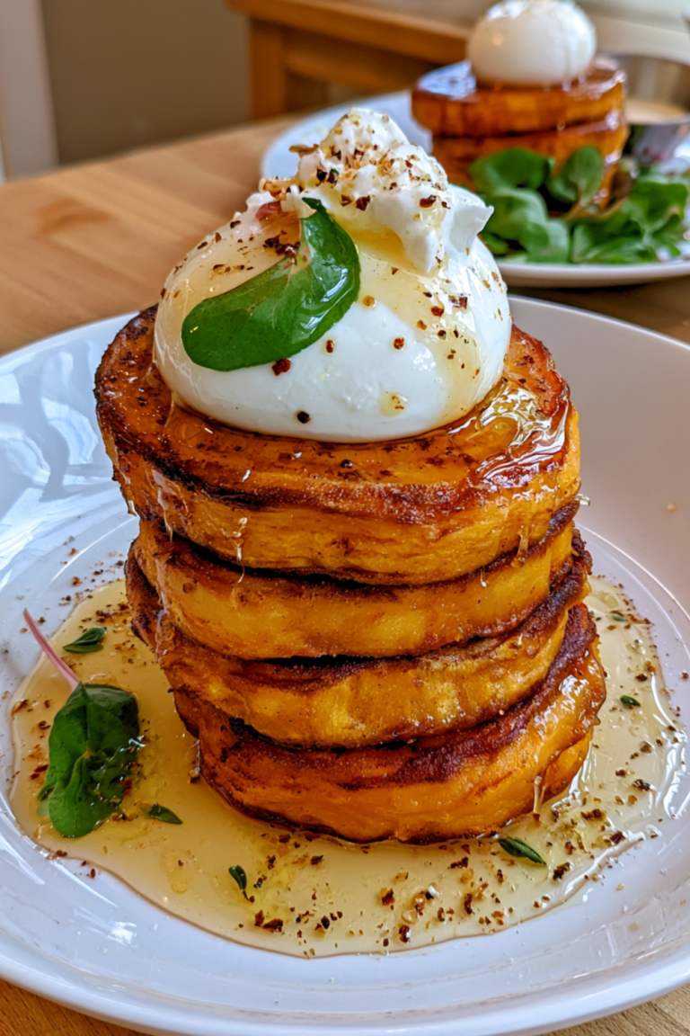 Crispy Parmesan Sweet Potato Stacks with Burrata & Hot Honey