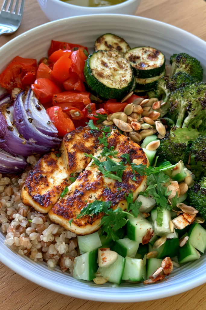 Halloumi & Roasted Vegetable Grain Bowl with Lemon Dressing