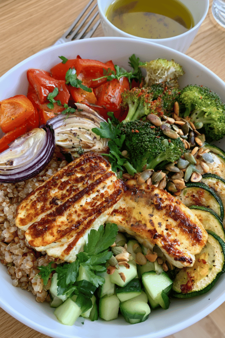 Halloumi & Roasted Vegetable Grain Bowl with Lemon Dressing