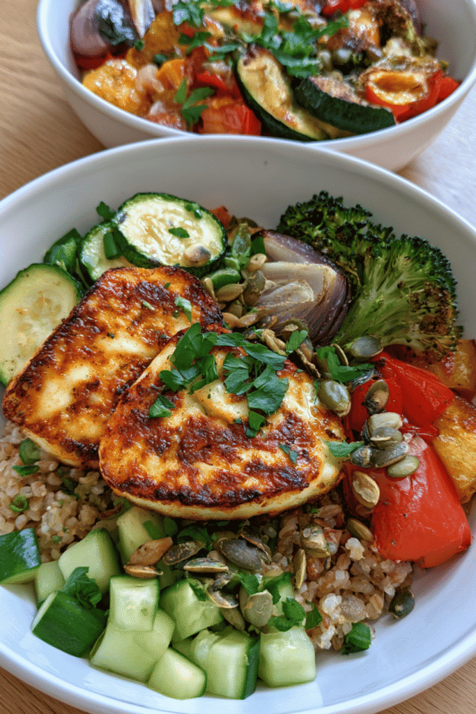Halloumi & Roasted Vegetable Grain Bowl with Lemon Dressing