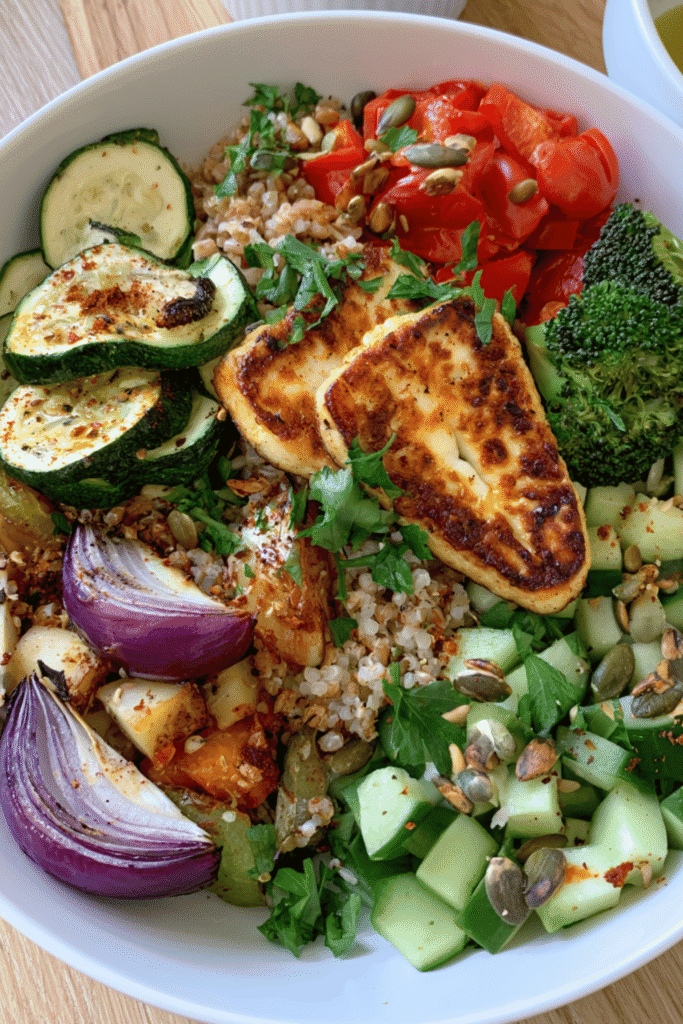 Halloumi & Roasted Vegetable Grain Bowl with Lemon Dressing