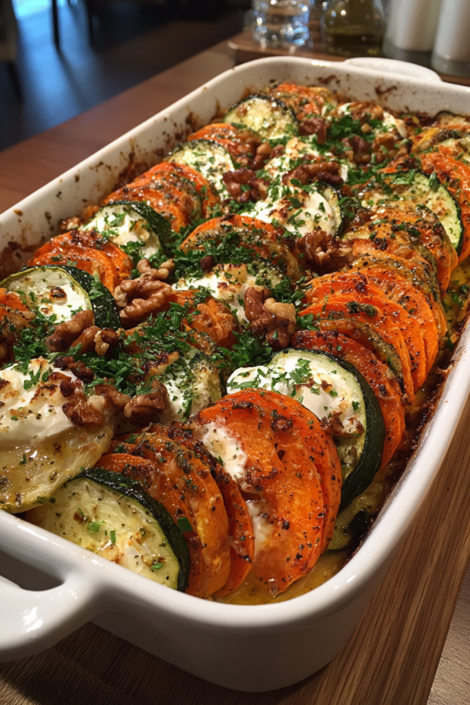Layered Sweet Potato & Zucchini Gratin with Burrata and Walnut Honey