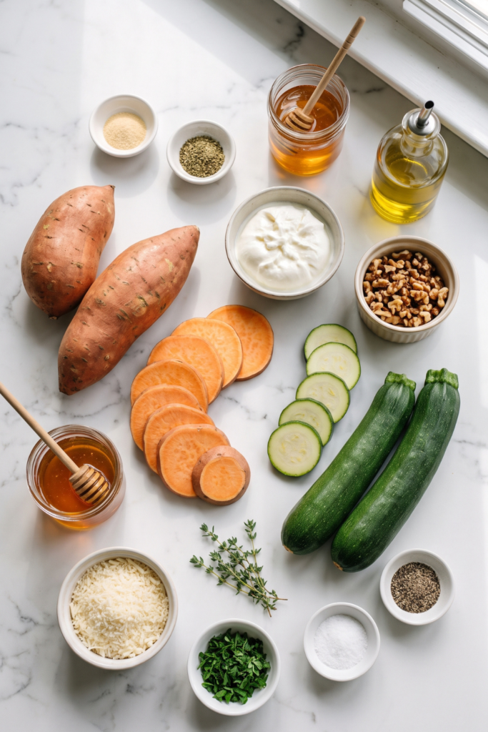 Layered Sweet Potato & Zucchini Gratin with Burrata and Walnut Honey