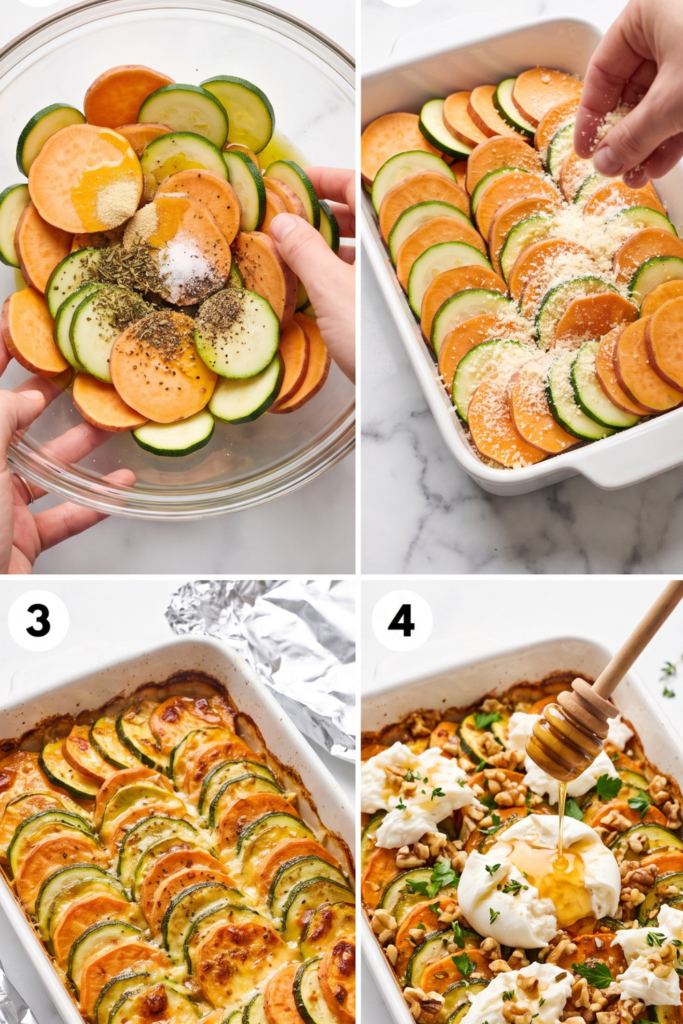 Layered Sweet Potato & Zucchini Gratin with Burrata and Walnut Honey