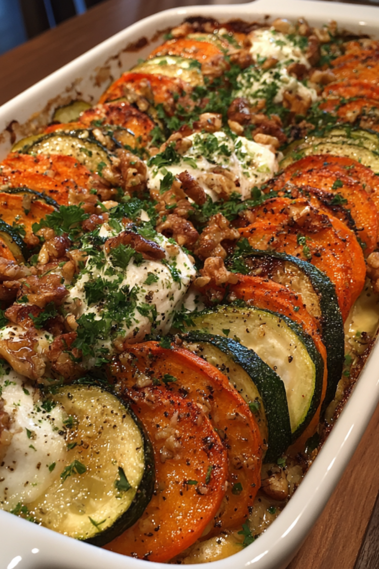 Layered Sweet Potato & Zucchini Gratin with Burrata and Walnut Honey