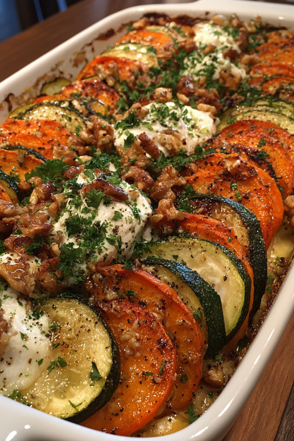Layered Sweet Potato & Zucchini Gratin with Burrata and Walnut Honey