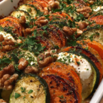 Layered Sweet Potato & Zucchini Gratin with Burrata and Walnut Honey