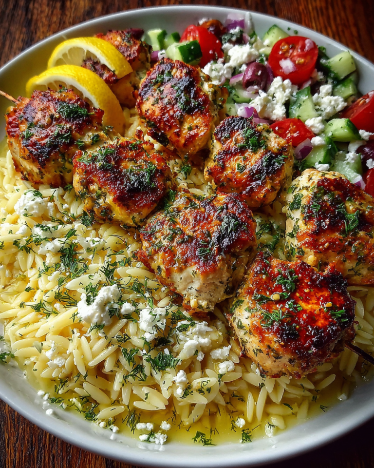 Lemon Garlic Chicken Skewers with Feta Orzo Salad