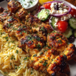 Lemon Garlic Chicken Skewers with Feta Orzo Salad