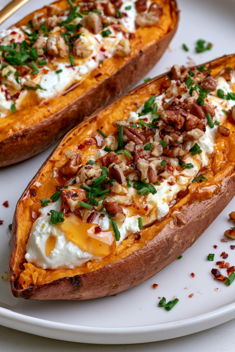 Maple-Roasted Sweet Potato Boats with Whipped Feta and Hot Honey