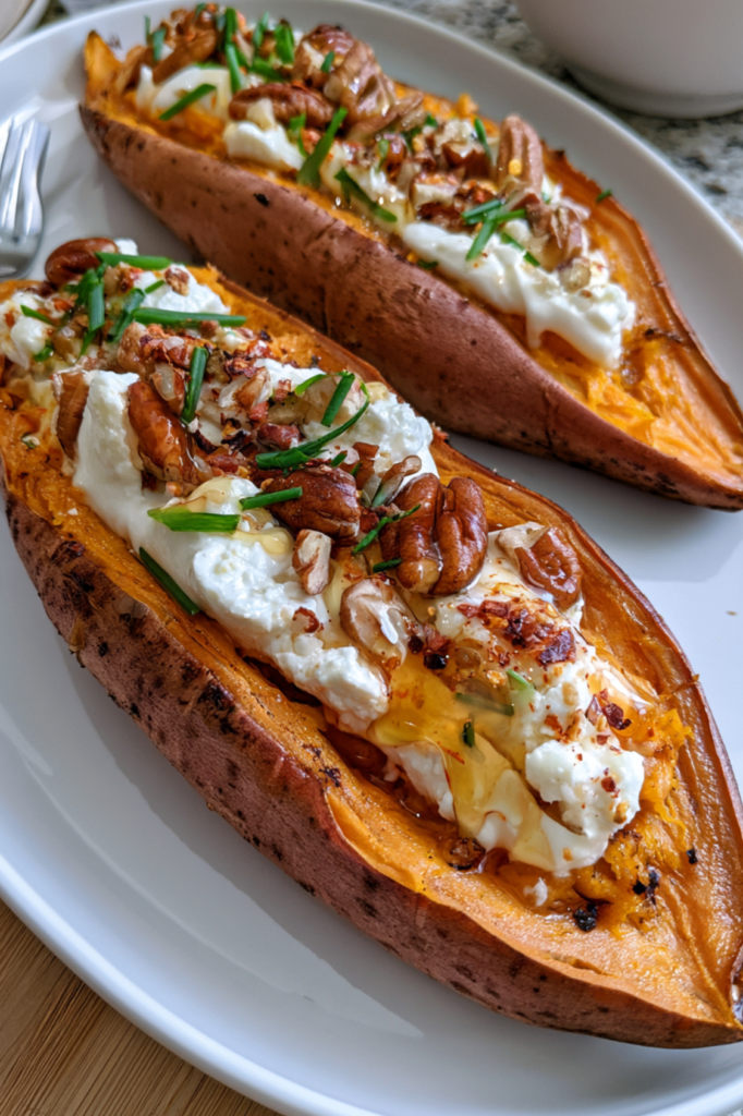 Maple-Roasted Sweet Potato Boats with Whipped Feta and Hot Honey