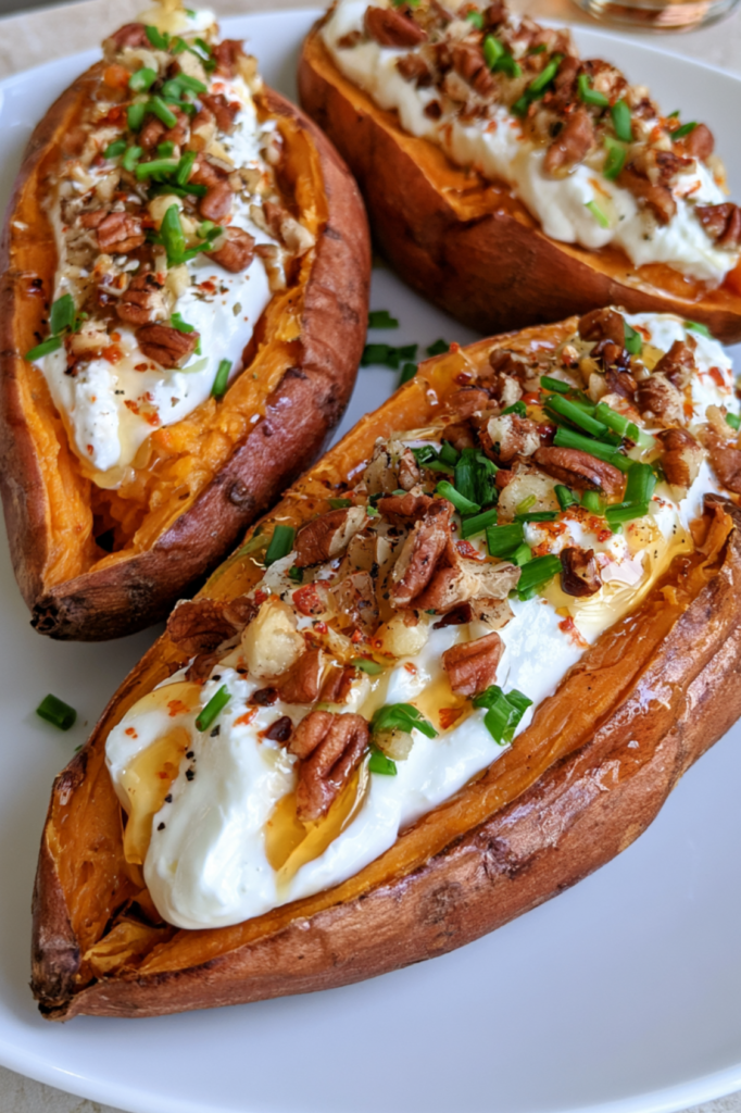 Maple-Roasted Sweet Potato Boats with Whipped Feta and Hot Honey