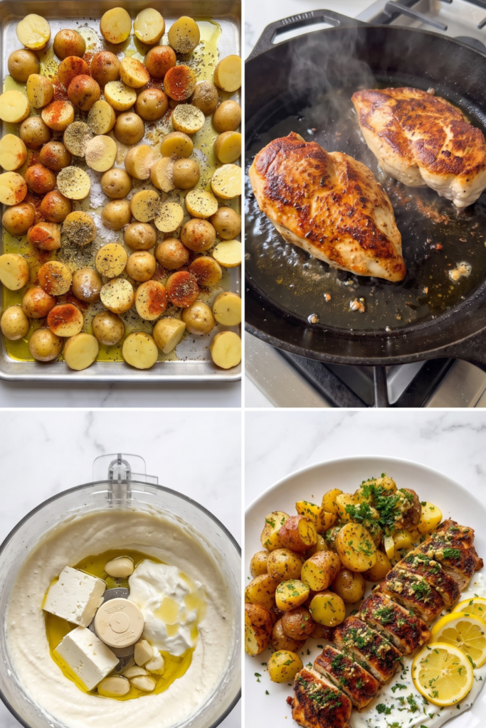 Mediterranean Chicken with Creamy Whipped Feta & Roasted Potatoes