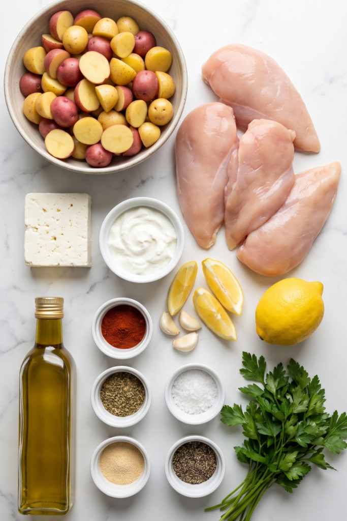 Mediterranean Chicken with Creamy Whipped Feta & Roasted Potatoes