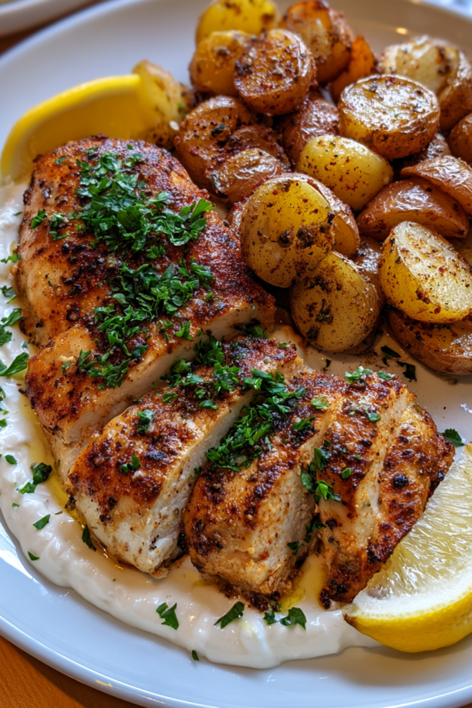 Mediterranean Chicken with Creamy Whipped Feta & Roasted Potatoes