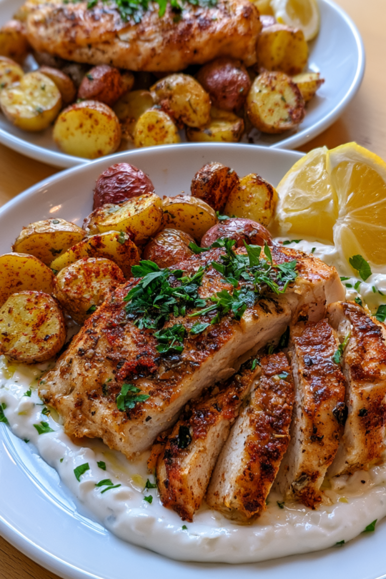 Mediterranean Chicken with Creamy Whipped Feta & Roasted Potatoes