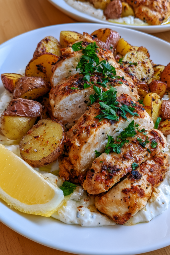 Mediterranean Chicken with Creamy Whipped Feta & Roasted Potatoes