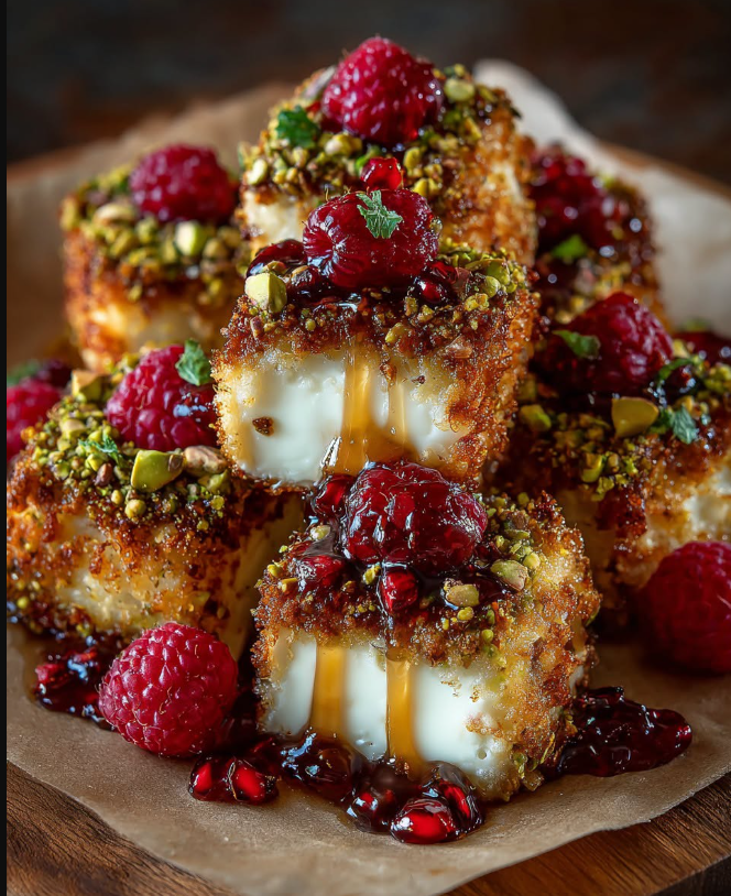 Pistachio Crusted Brie Bites with Raspberry Honey Glaze