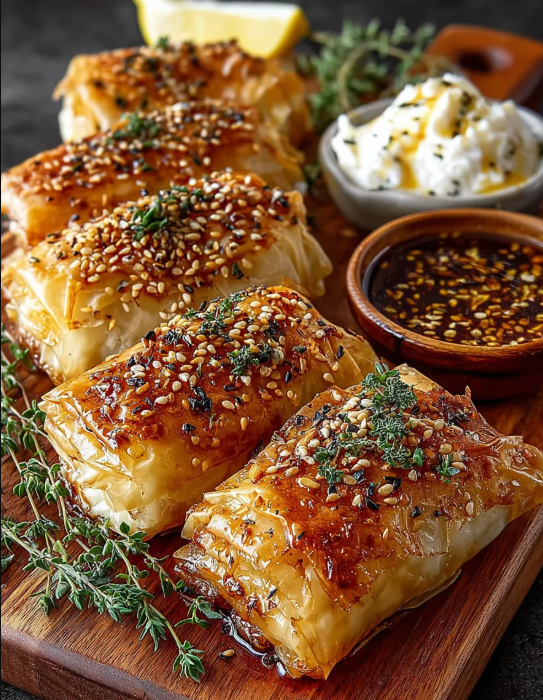 Crispy Baked Feta Rolls with Garlic Honey