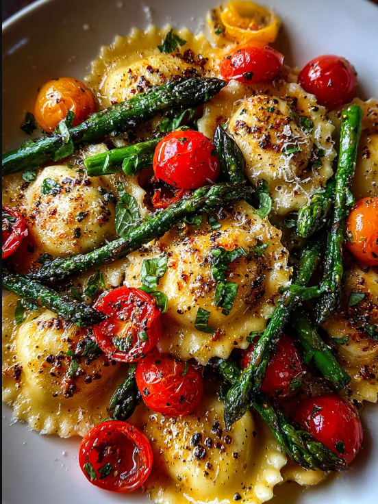 Ravioli with Cherry Tomatoes, Asparagus, Garlic and Herbs