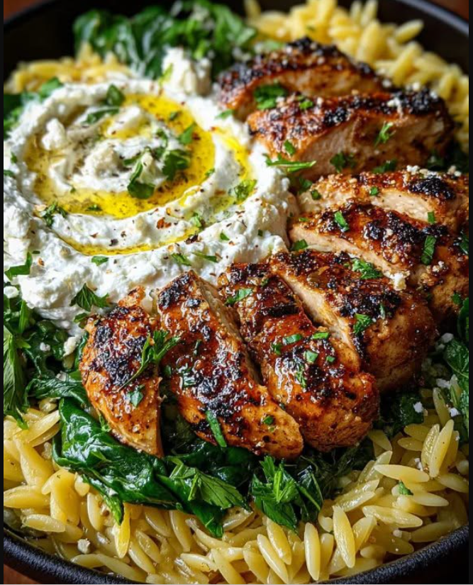 Lemon Dijon Chicken Orzo Bowl with Garlic Whipped Feta
