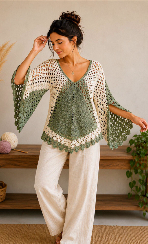 Sage & Ivory Crochet Lace Poncho Pattern