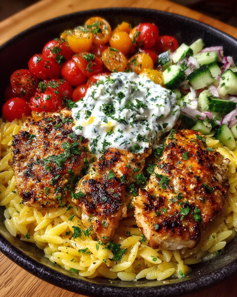 Lemon Dijon Chicken Orzo Bowl with Garlic Whipped Feta