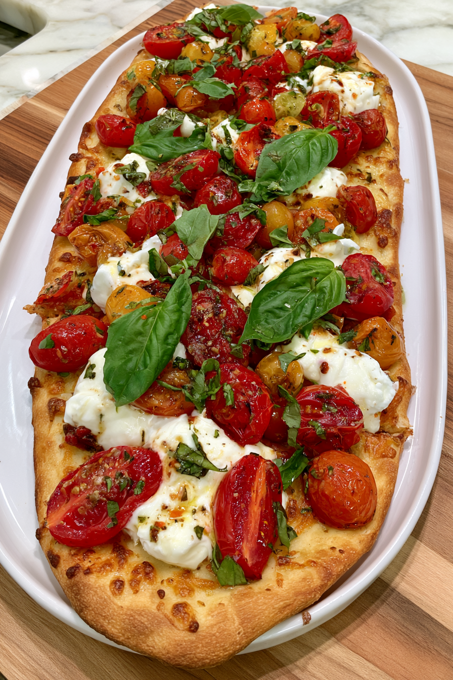 Crispy Burrata Flatbread with Roasted Tomatoes & Basil