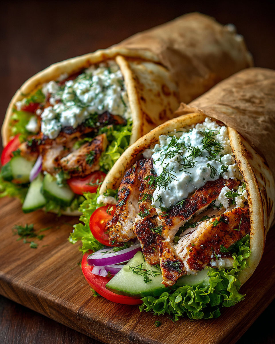 Greek Lemon Chicken Pita Wraps with Dill Feta Sauce
