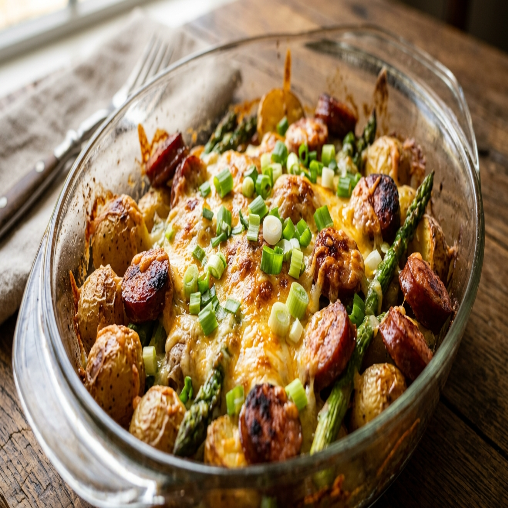 Sausage and Potato Casserole with Asparagus