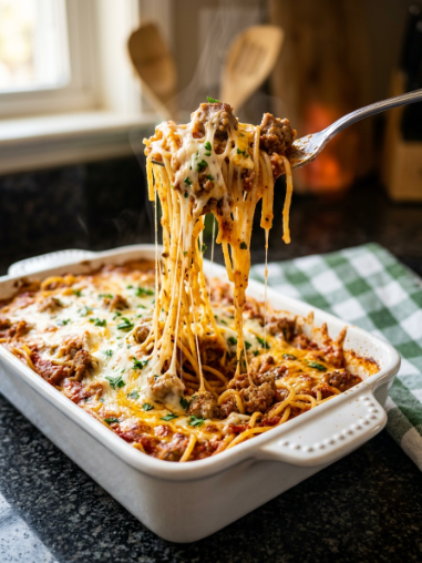 Cheesy Beef Spaghetti Casserole – Family Favourite