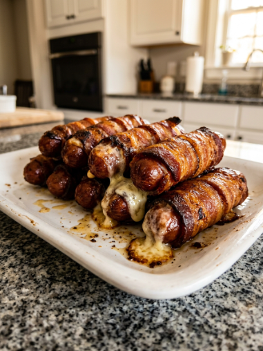 Bacon-Wrapped Cheese-Stuffed Hot Dogs (Grilled)