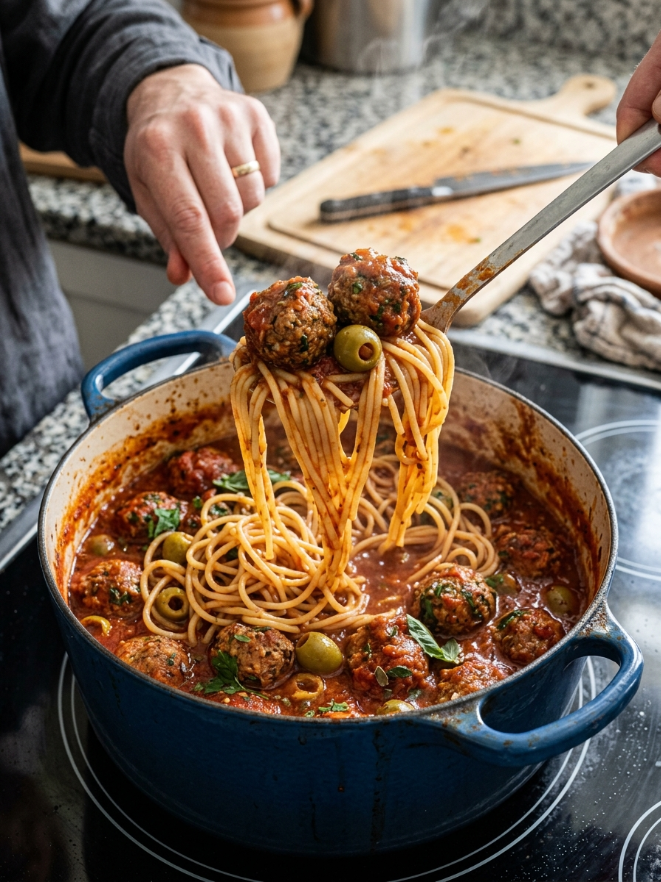  Fettuccine with Meatballs in Homemade Tomato Sauce