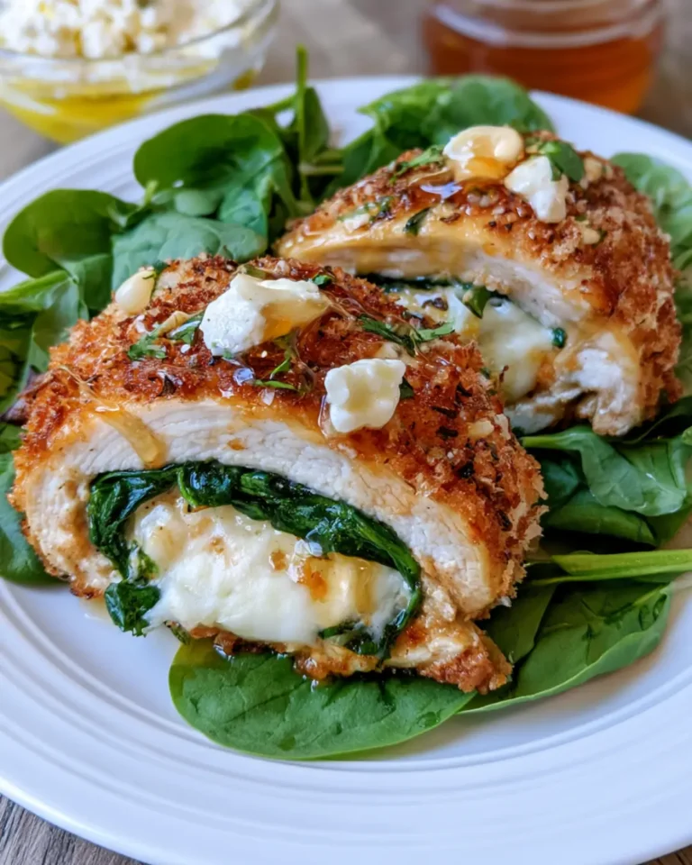 Crispy Stuffed Chicken Rolls with Spinach, Whipped Feta & Hot Honey Drizzle