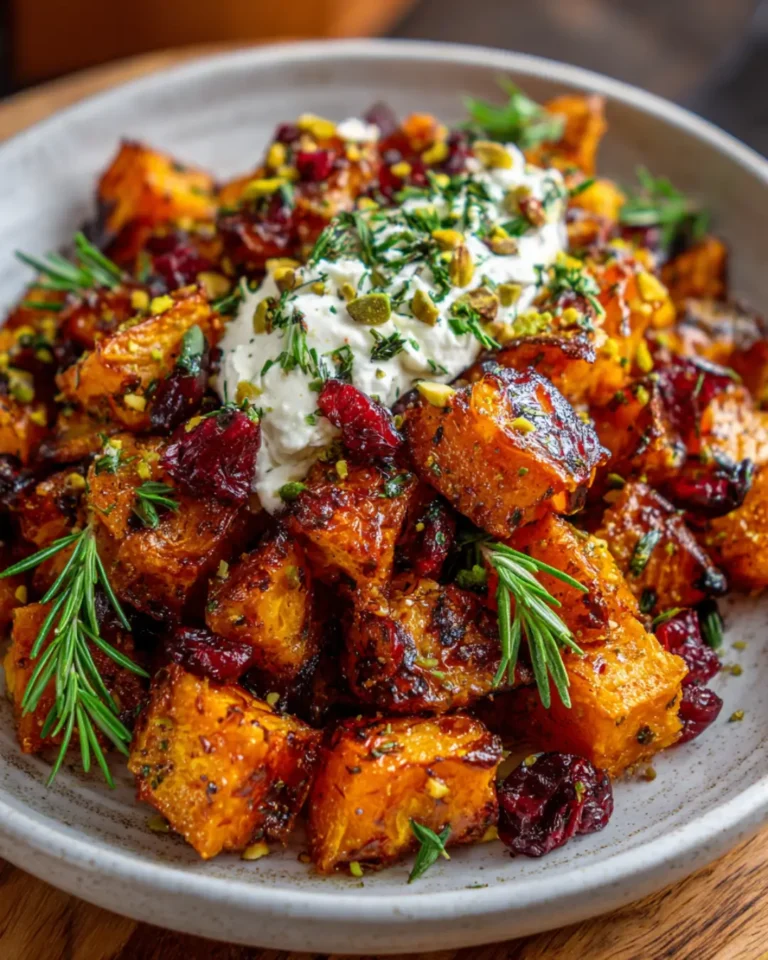 Honey-Roasted Pumpkin with Whipped Feta, Pistachio Crunch & Cranberry Drizzle