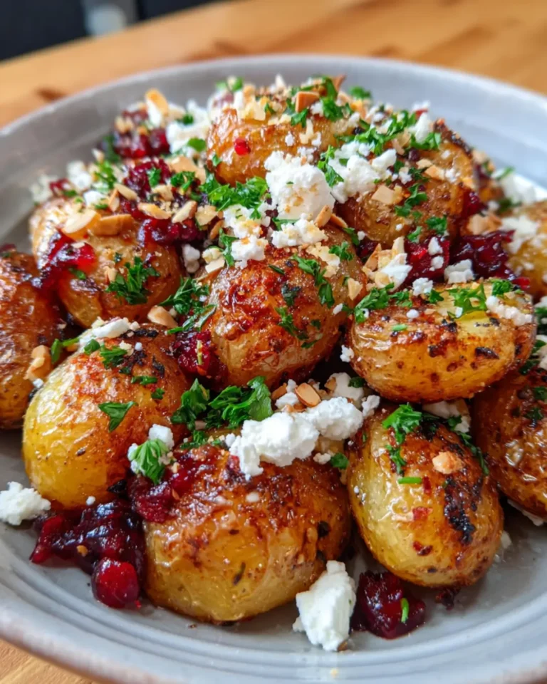 Crispy Baby Potatoes with Feta, Toasted Almonds & Hot Honey Cranberry Glaze