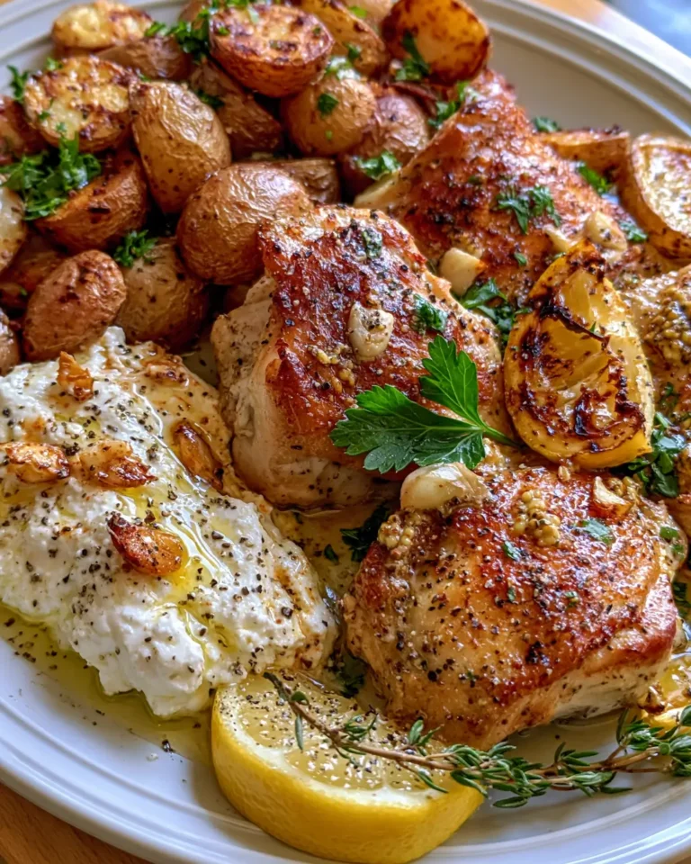 Lemon Dijon Chicken with Whipped Garlic Feta & Crispy Potatoes