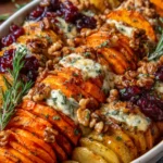 Layered Sweet Potato, Butternut Squash & Carrot Bake with Cranberry-Honey Drizzle
