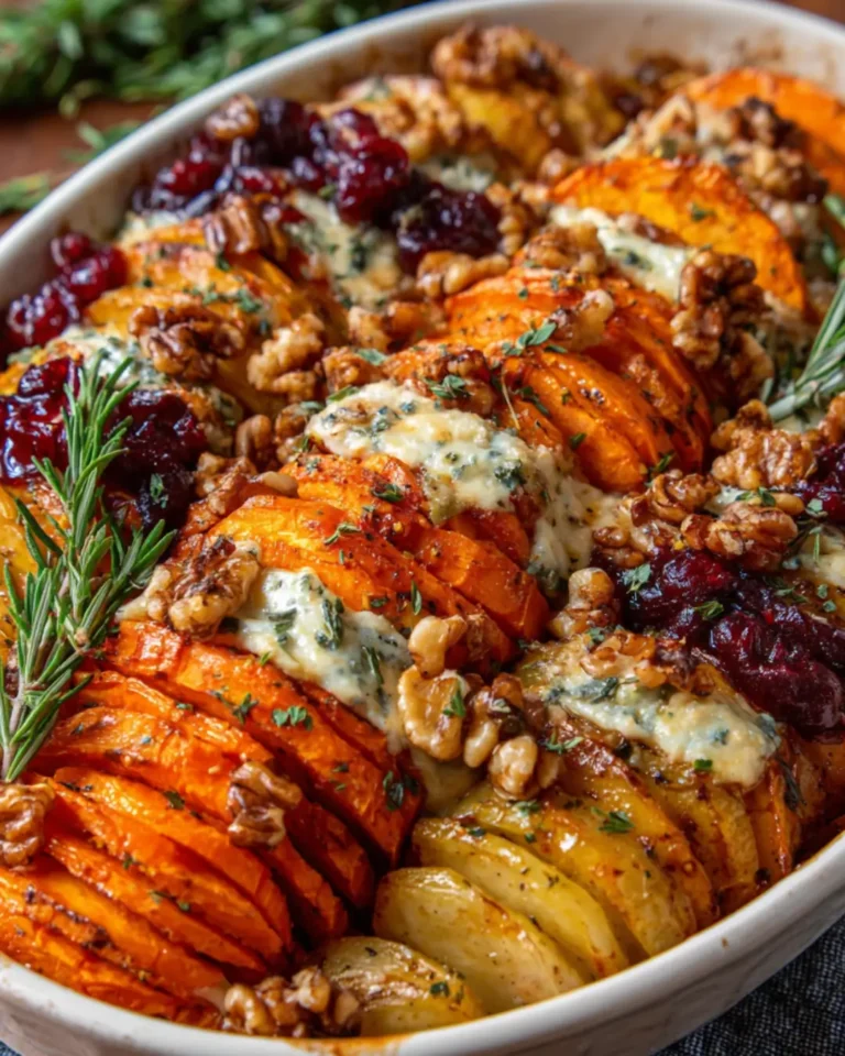 Layered Sweet Potato, Butternut Squash & Carrot Bake with Cranberry-Honey Drizzle