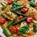 Garlic Butter Ravioli with Asparagus, Blistered Tomatoes, Basil & Crispy Parmesan