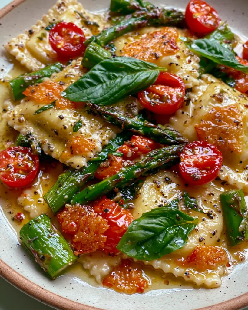 Garlic Butter Ravioli with Asparagus, Blistered Tomatoes, Basil & Crispy Parmesan